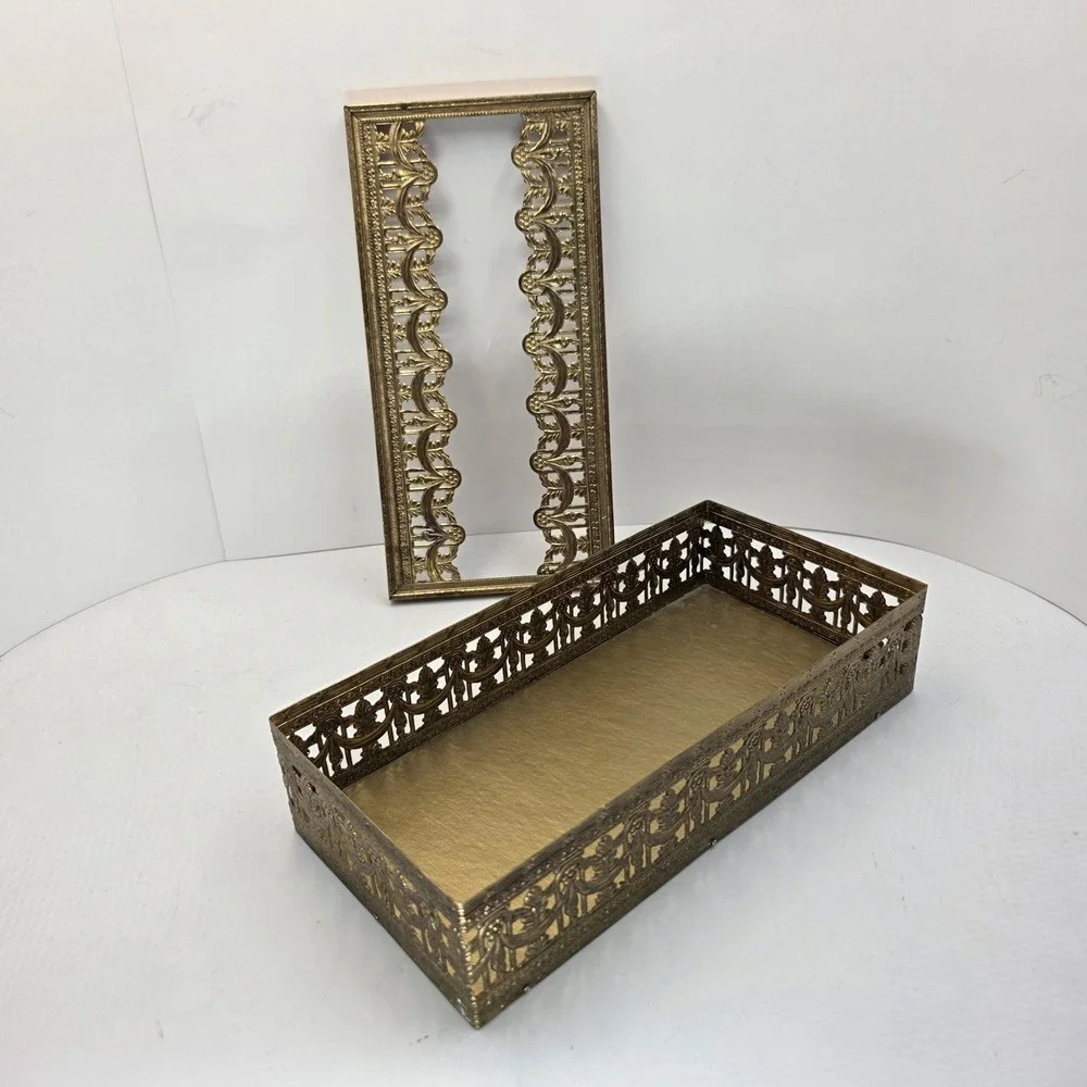 Hollywood Regency Gold Metal Filigree Tissue Box Cover Vanity Bathroom Decor